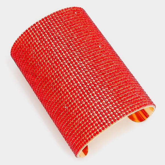 Red & Gold Wide Crystal Style Armor Cuff Bracelet Fashion Statement Jewelry - Picture 1 of 2